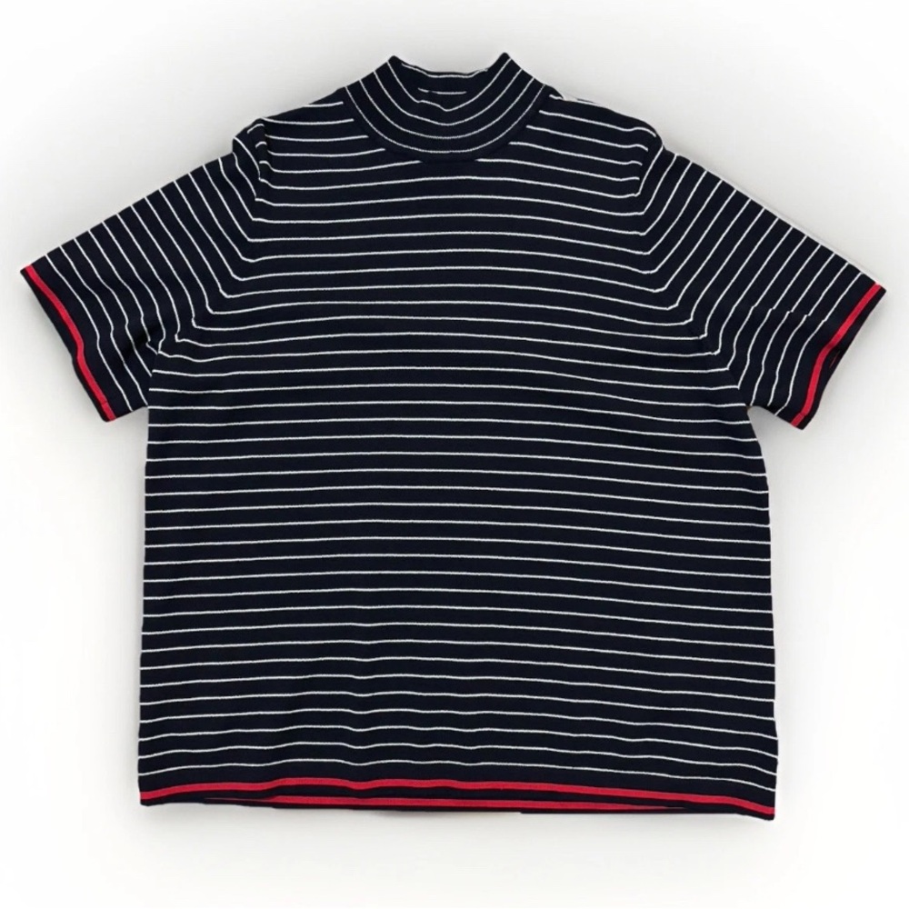 Vintage 90s Jones New York Black Striped Mockneck Top size XL Retro Teacher